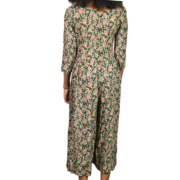 Vintage Rabbit Floral Jumpsuit Black Rayon Wide Leg Ditsy Microprint Calico XS - Picture 3 of 12